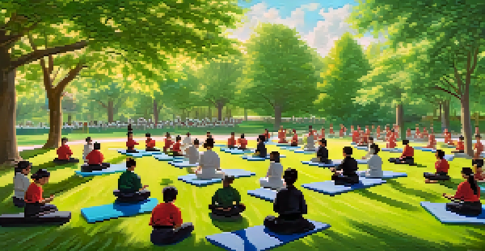 A diverse group of martial arts students practicing outdoors in a green park with trees and flowers, showcasing a connection to nature.