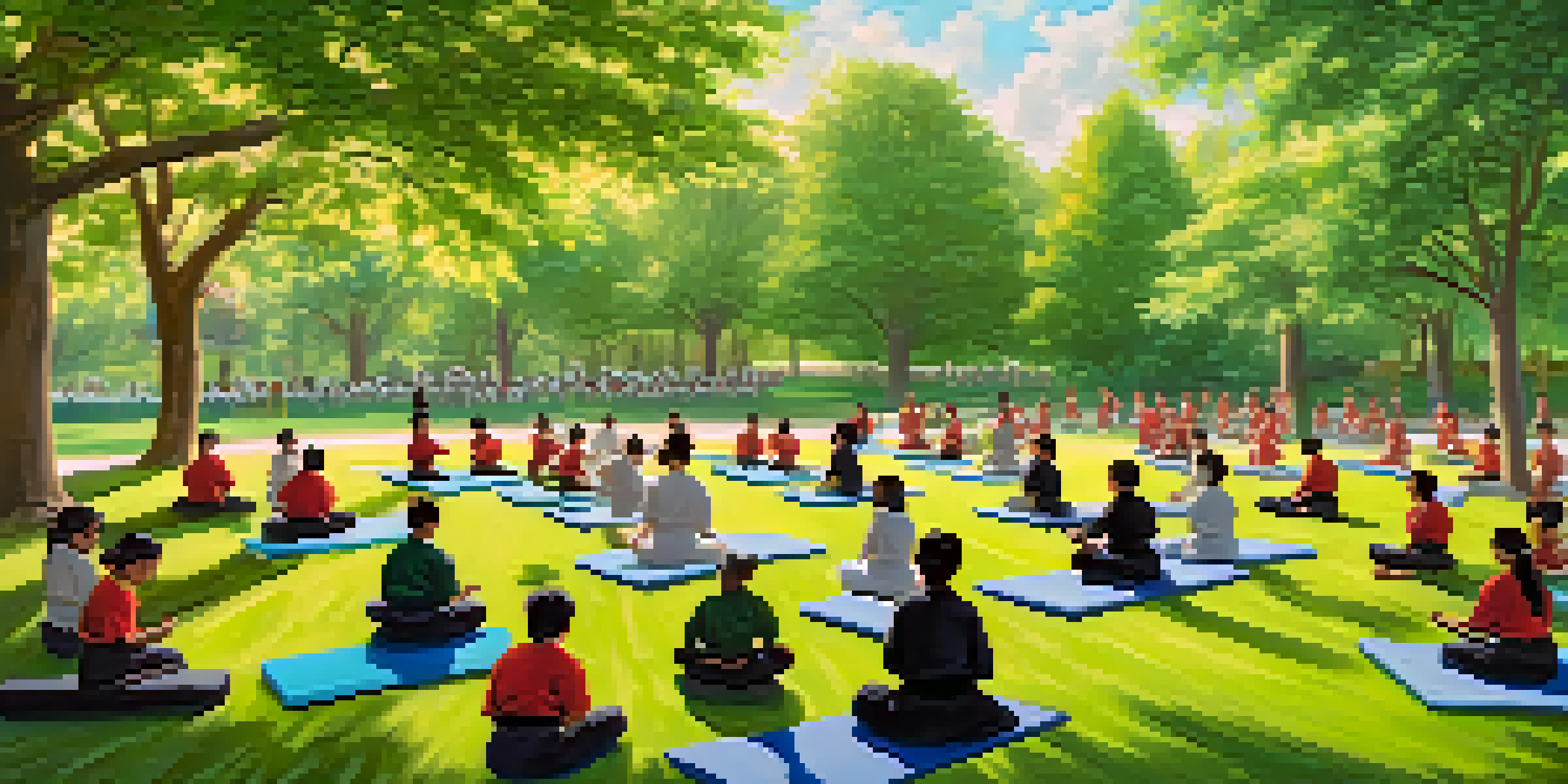 A diverse group of martial arts students practicing outdoors in a green park with trees and flowers, showcasing a connection to nature.