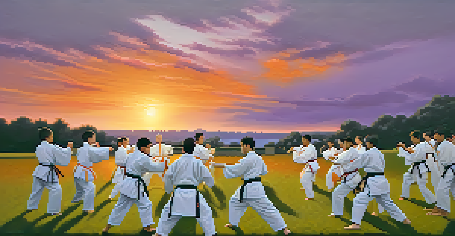 A diverse group of martial arts students training outdoors at sunset, showcasing various skill levels.