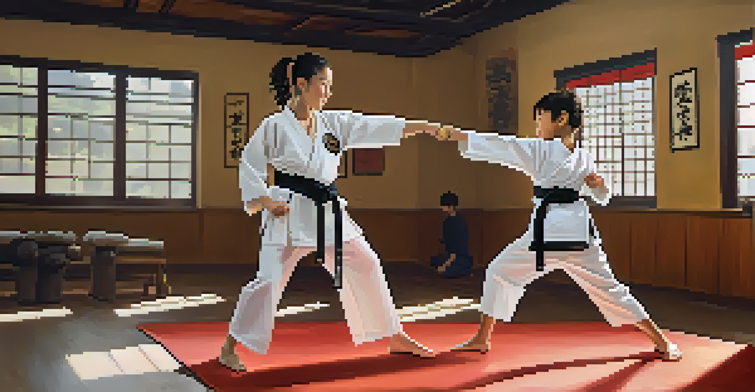 A parent and child practicing martial arts together in a dojo, demonstrating teamwork and bonding.