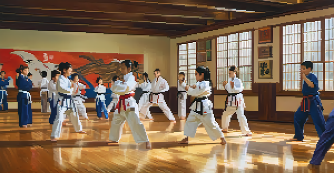 A diverse family practicing martial arts together in a dojo, with members wearing colorful uniforms and executing techniques under warm natural light.