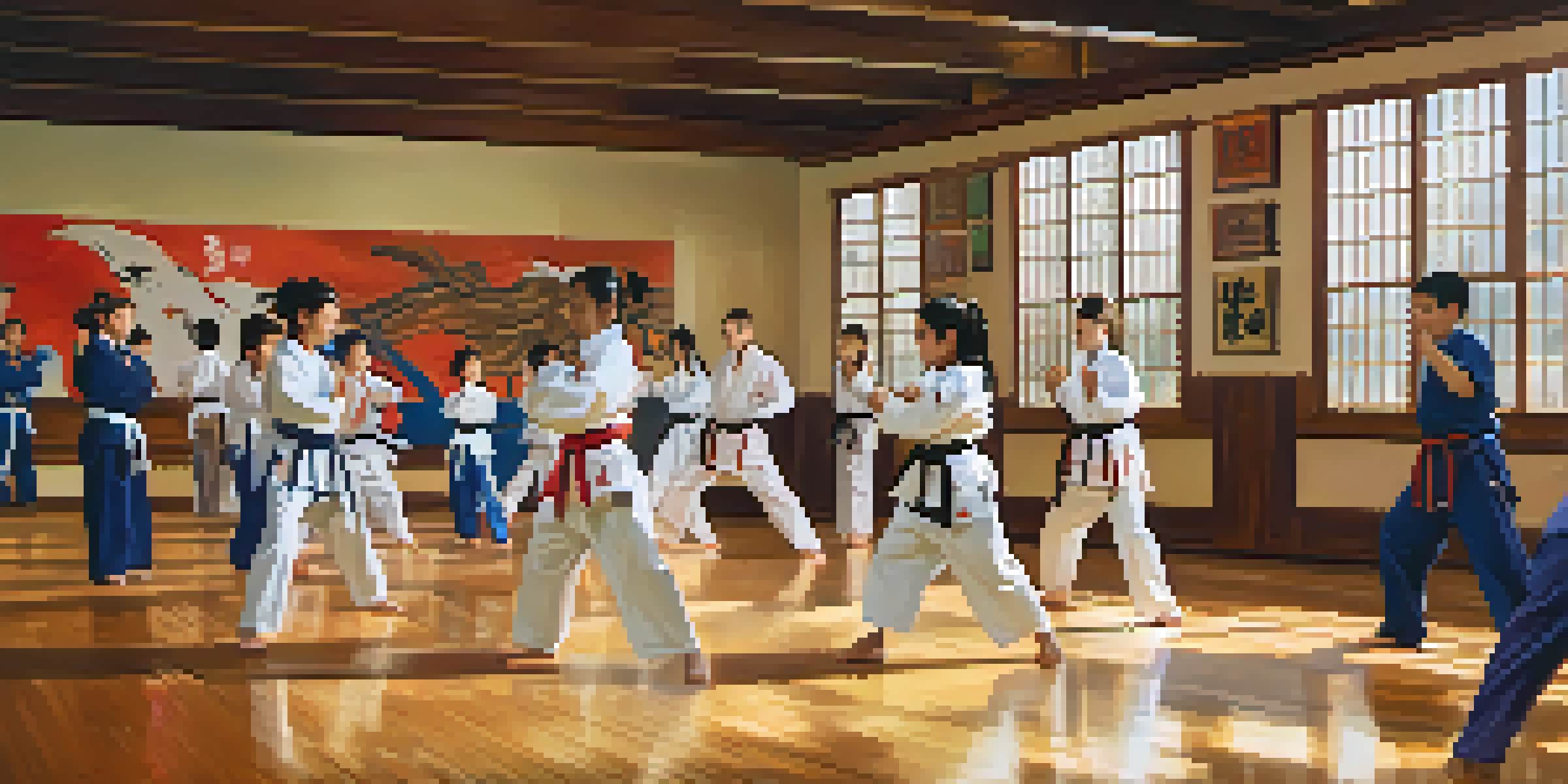 A diverse family practicing martial arts together in a dojo, with members wearing colorful uniforms and executing techniques under warm natural light.