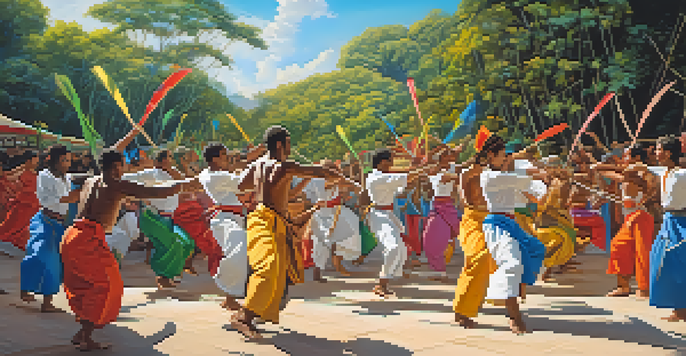 A lively Capoeira gathering with practitioners in colorful outfits performing dynamic movements under a clear blue sky.