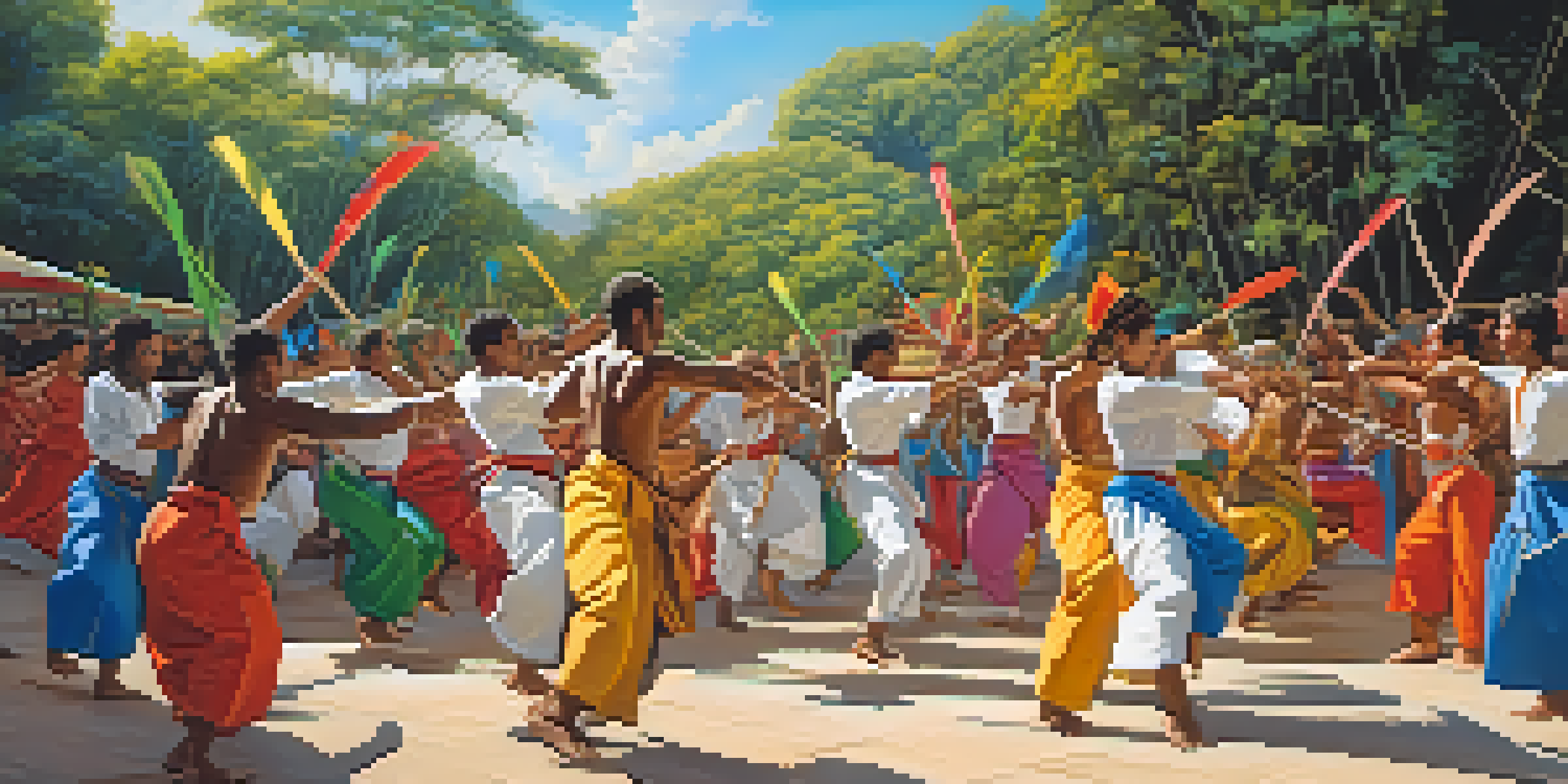 A lively Capoeira gathering with practitioners in colorful outfits performing dynamic movements under a clear blue sky.