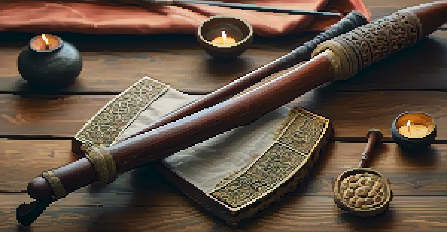 Close-up of Kalaripayattu weapons on a wooden table with ancient texts in the background.