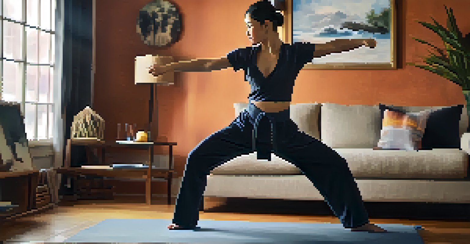 A person practicing martial arts in a living room, focusing on their feet in motion.