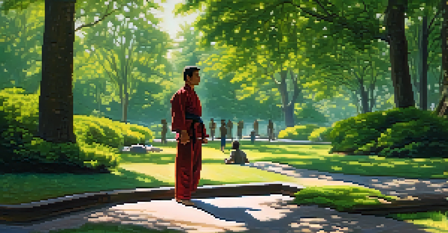 A martial artist in a park, scanning the environment with a calm expression, surrounded by green trees and dappled sunlight.