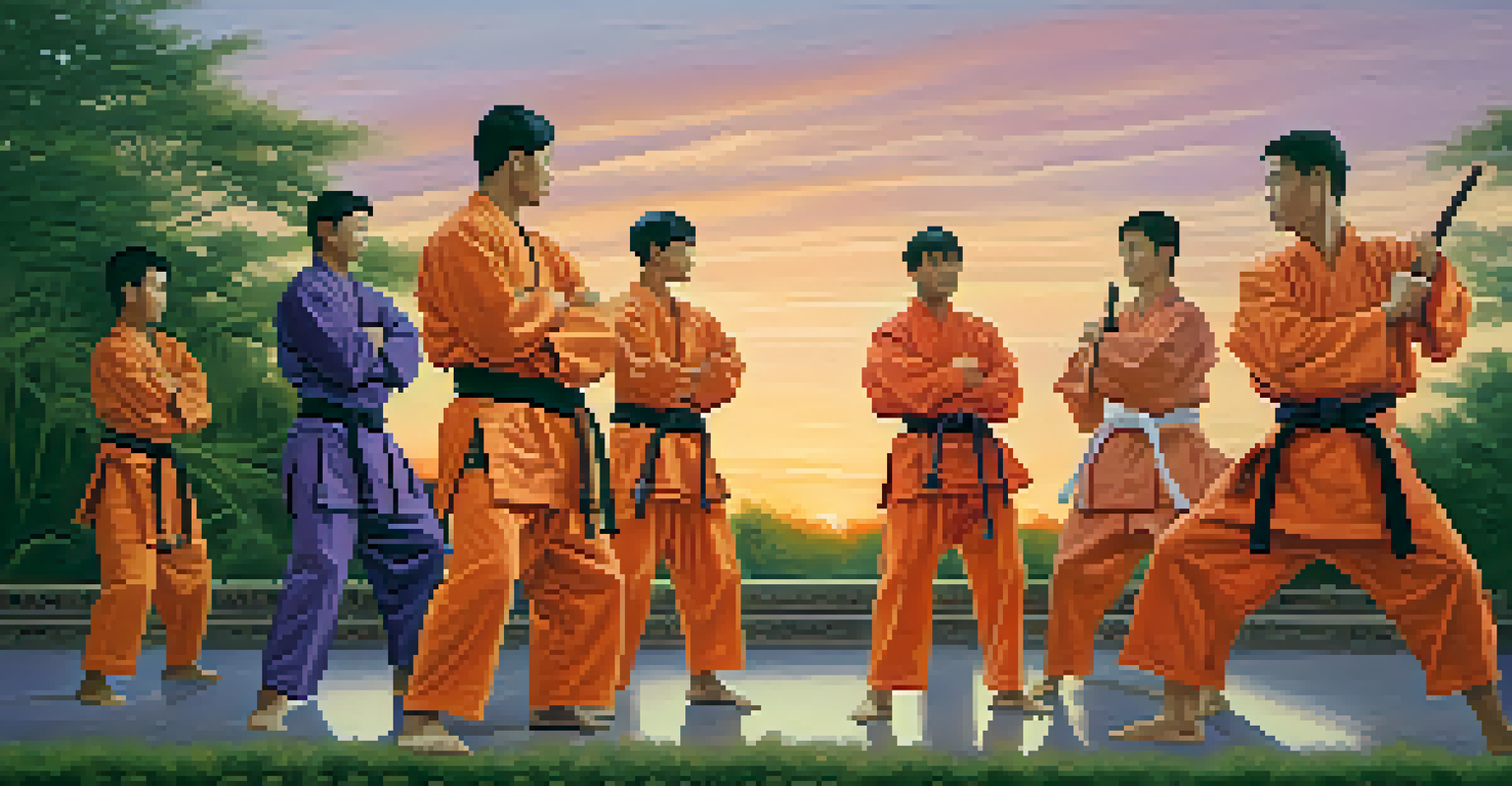 Martial artists training in an outdoor setting during sunset, with a vibrant sky and lush greenery around them.