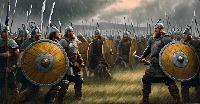 A group of Viking warriors forming a shield wall during battle, with dark clouds and lightning above them, showcasing their traditional armor and weapons.