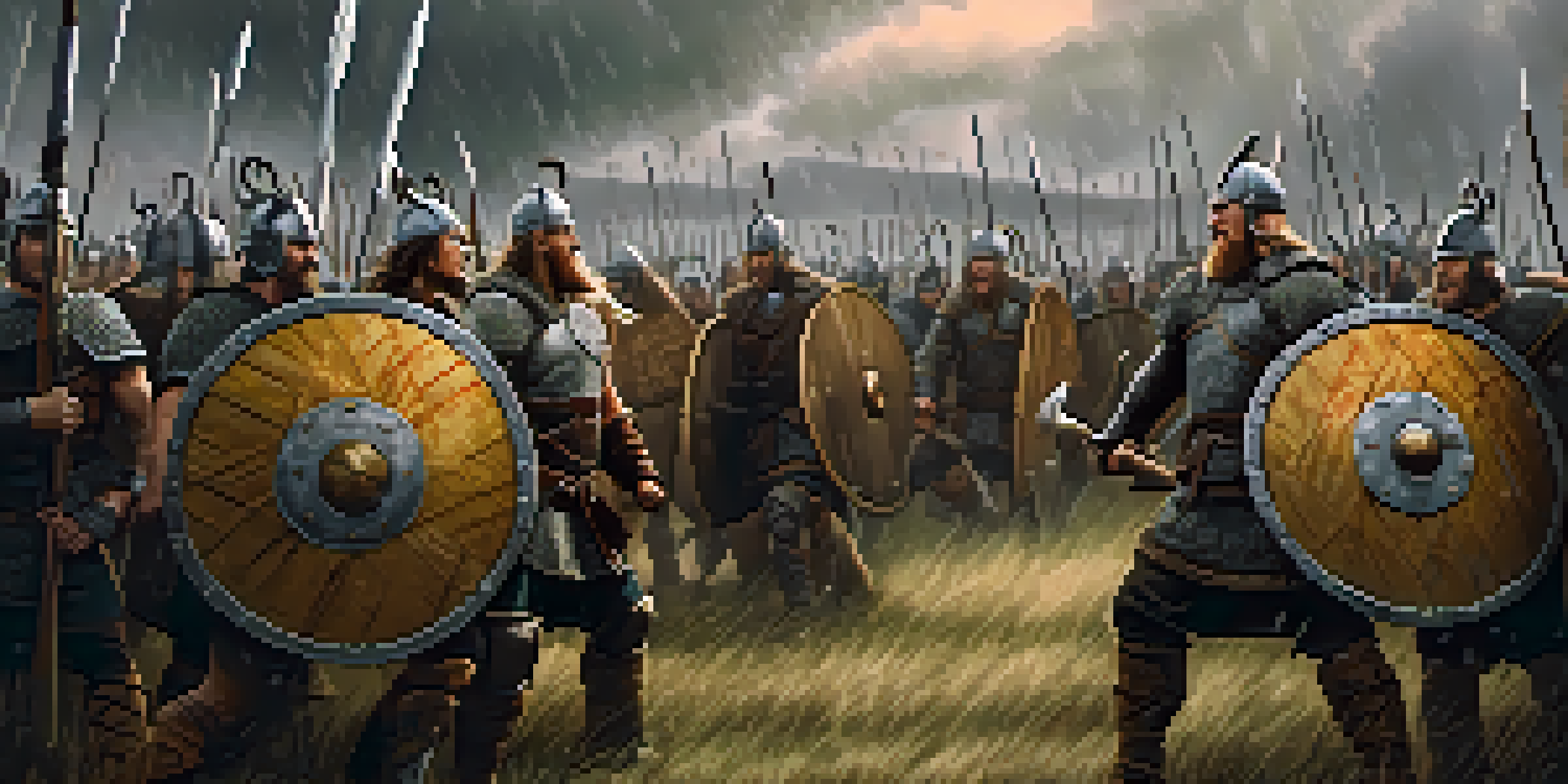 A group of Viking warriors forming a shield wall during battle, with dark clouds and lightning above them, showcasing their traditional armor and weapons.