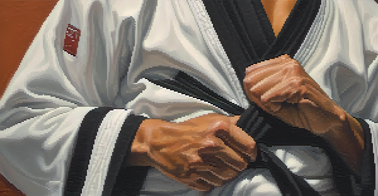 Close-up of a martial artist's hands holding a black belt, with textured fabric against a blurred training session background.