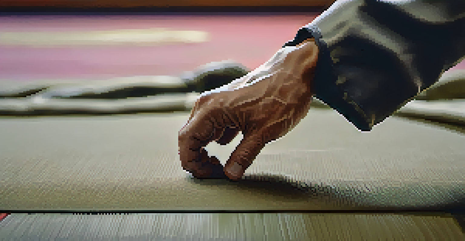 A close-up of a martial artist's hand on a mat, showing their focused expression and the texture of the fabric.