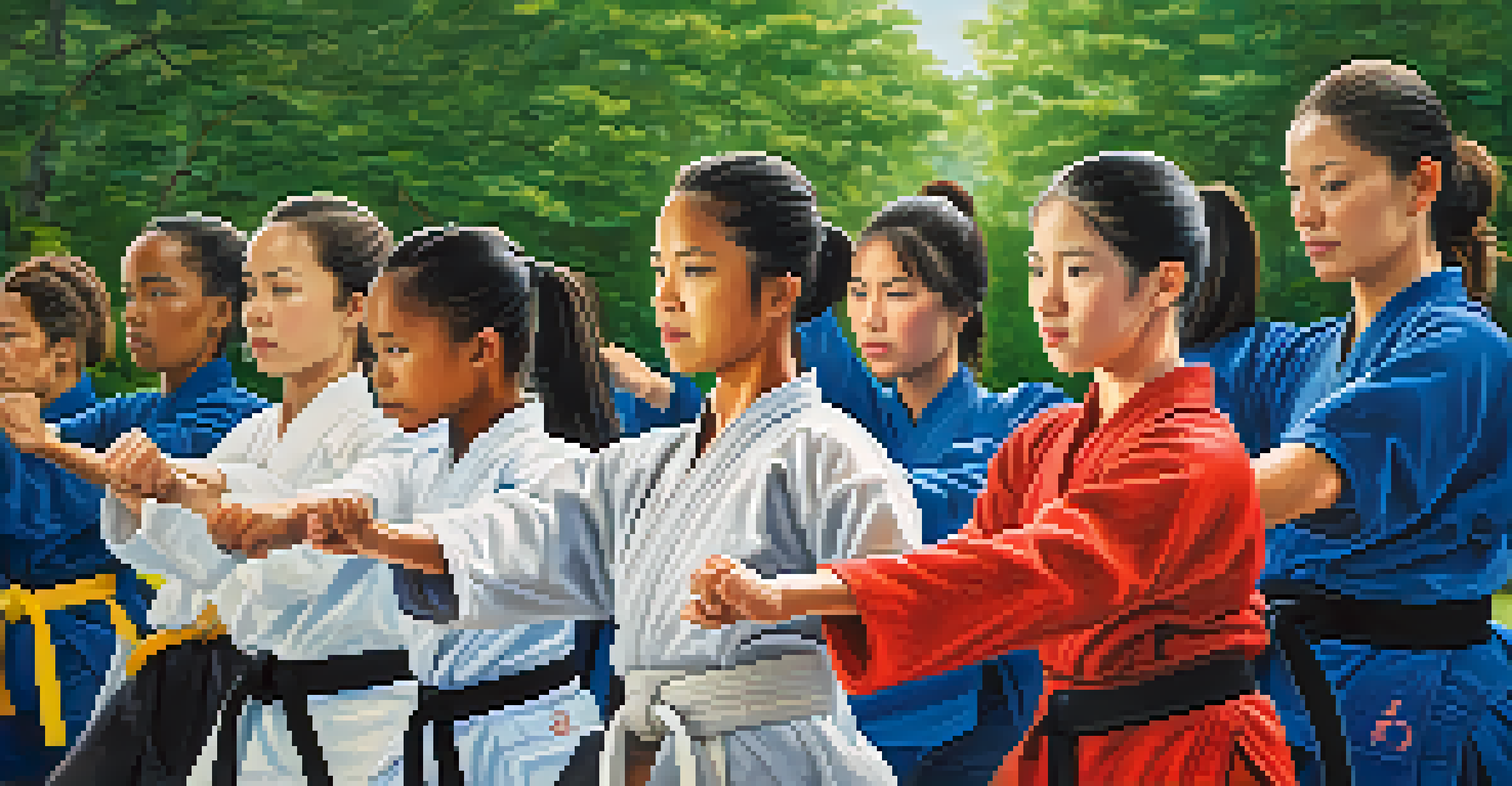 A diverse group of women practicing martial arts together in a park, surrounded by greenery.