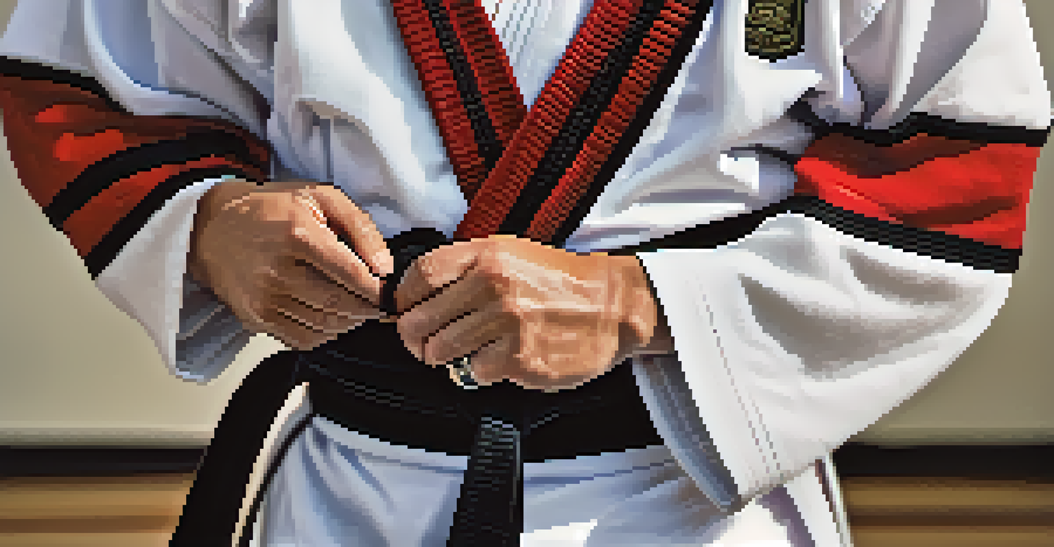 Close-up of a martial artist tying their belt, showcasing hands and vibrant belt against a blurred dojo background.