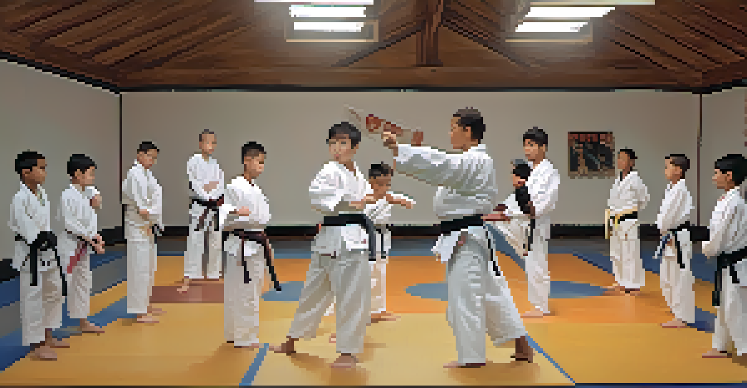 An indoor martial arts training session with a mentor showing self-defense techniques to a small group of at-risk youth, in a warmly lit room.