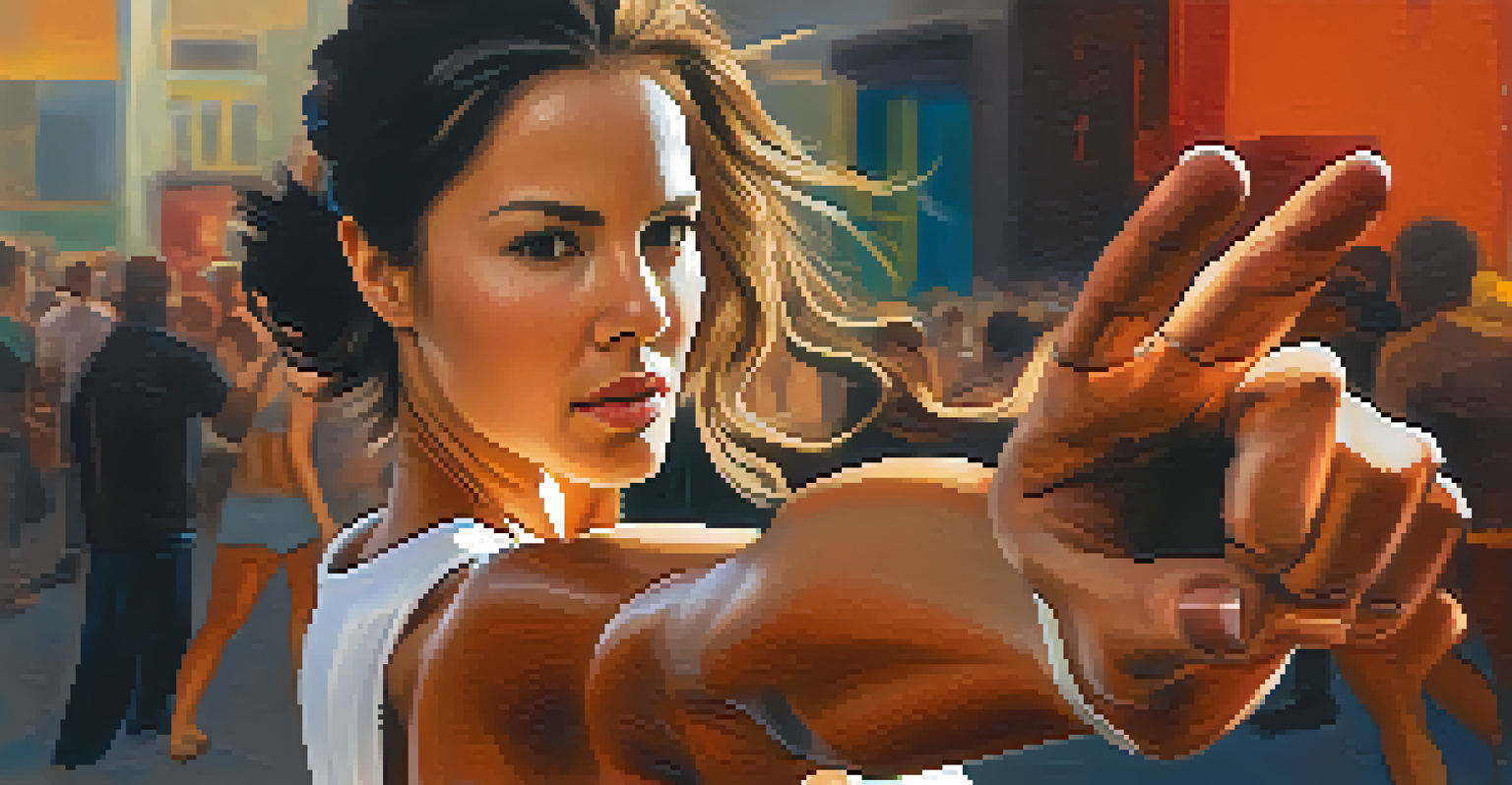 A close-up of a woman breaking free from a wrist grab in a self-defense demonstration, highlighting her determined expression.