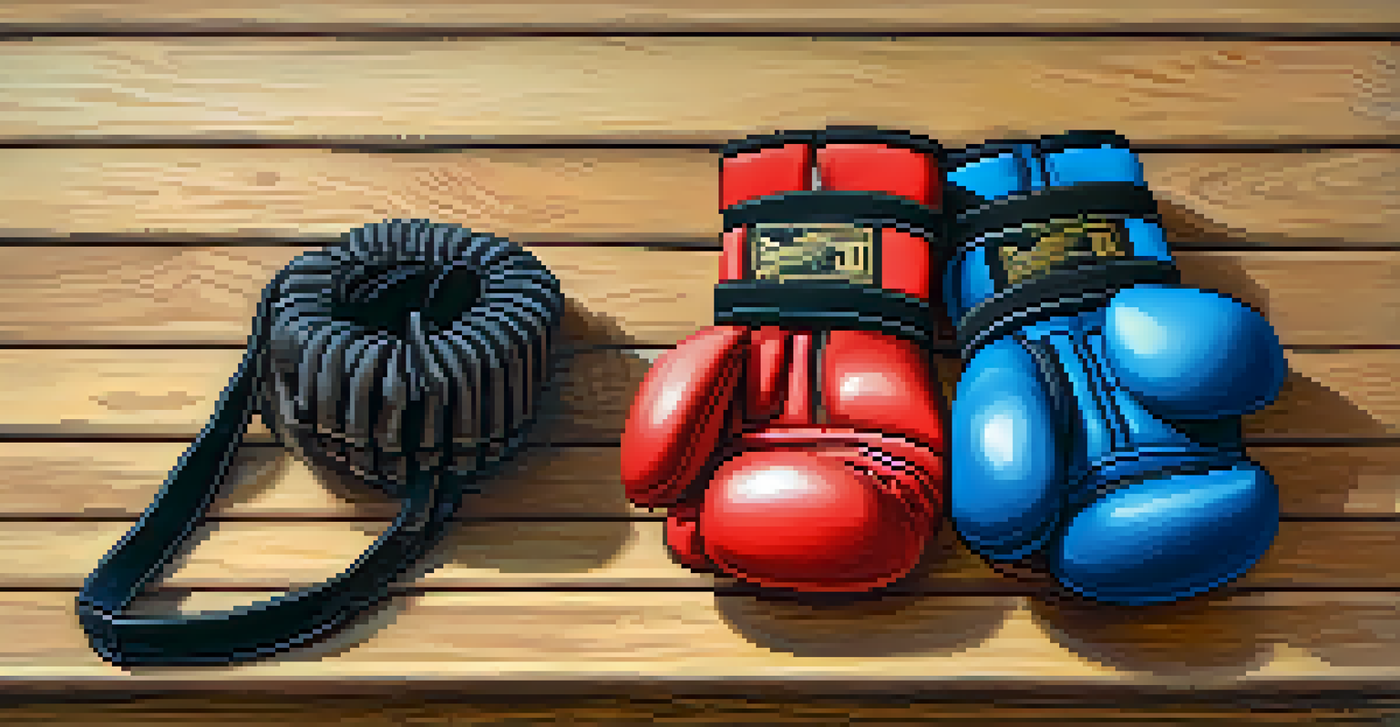 A close-up of a colorful martial arts belt and worn training gloves on a wooden floor.