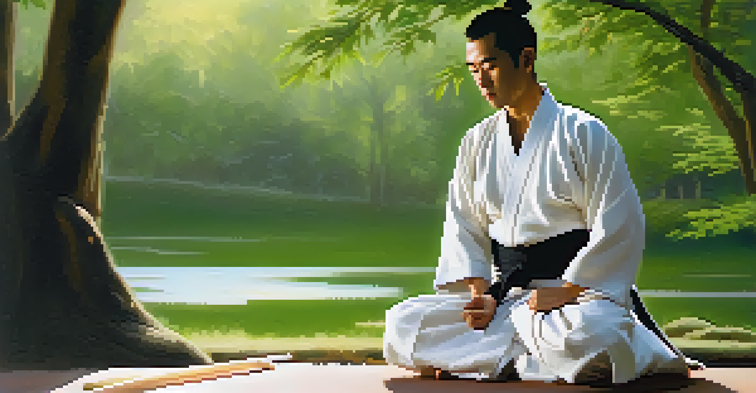 An Aikido practitioner in a uniform meditating outdoors, surrounded by greenery and soft sunlight.
