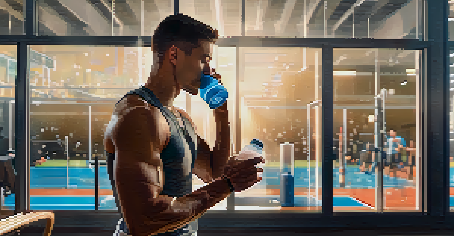 An athlete taking a break to hydrate, holding a water bottle and wiping sweat in a gym setting.