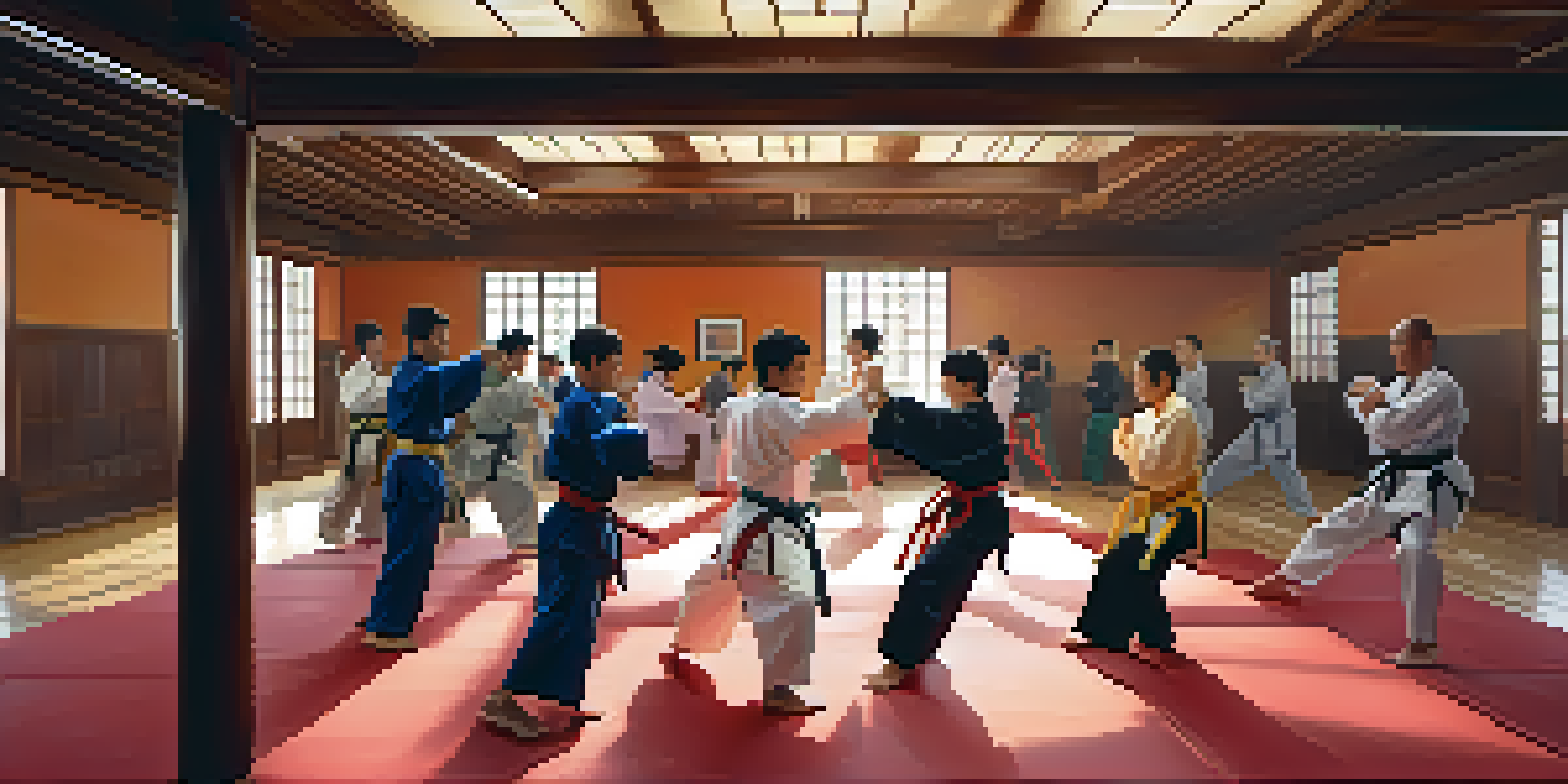 A diverse group of martial artists practicing in a dojo, highlighting unity and empowerment.