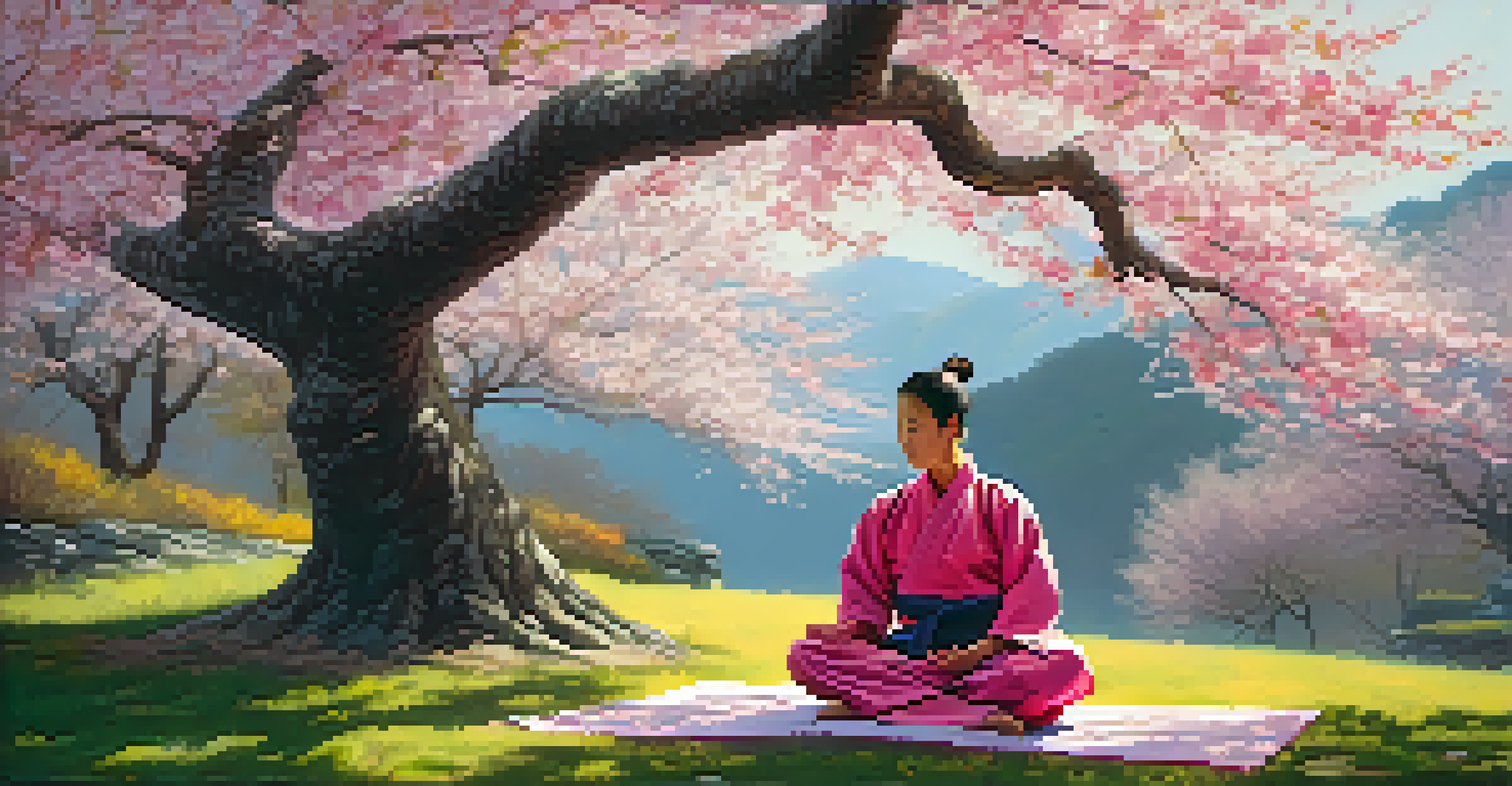 A martial artist meditating under a cherry blossom tree in a peaceful outdoor setting.