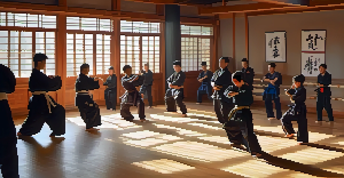A peaceful martial arts dojo filled with students practicing in a well-lit space, showcasing diversity and community.