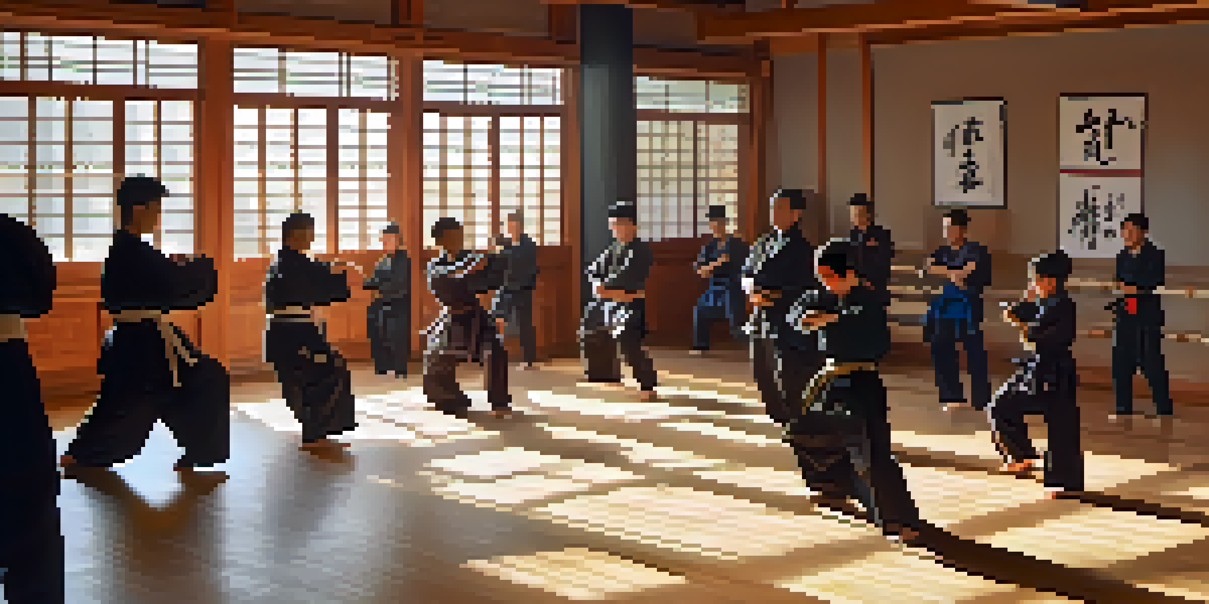A peaceful martial arts dojo filled with students practicing in a well-lit space, showcasing diversity and community.