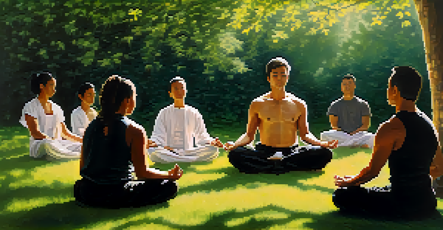 A group of martial artists meditating together in a grassy field, surrounded by trees and sunlight.