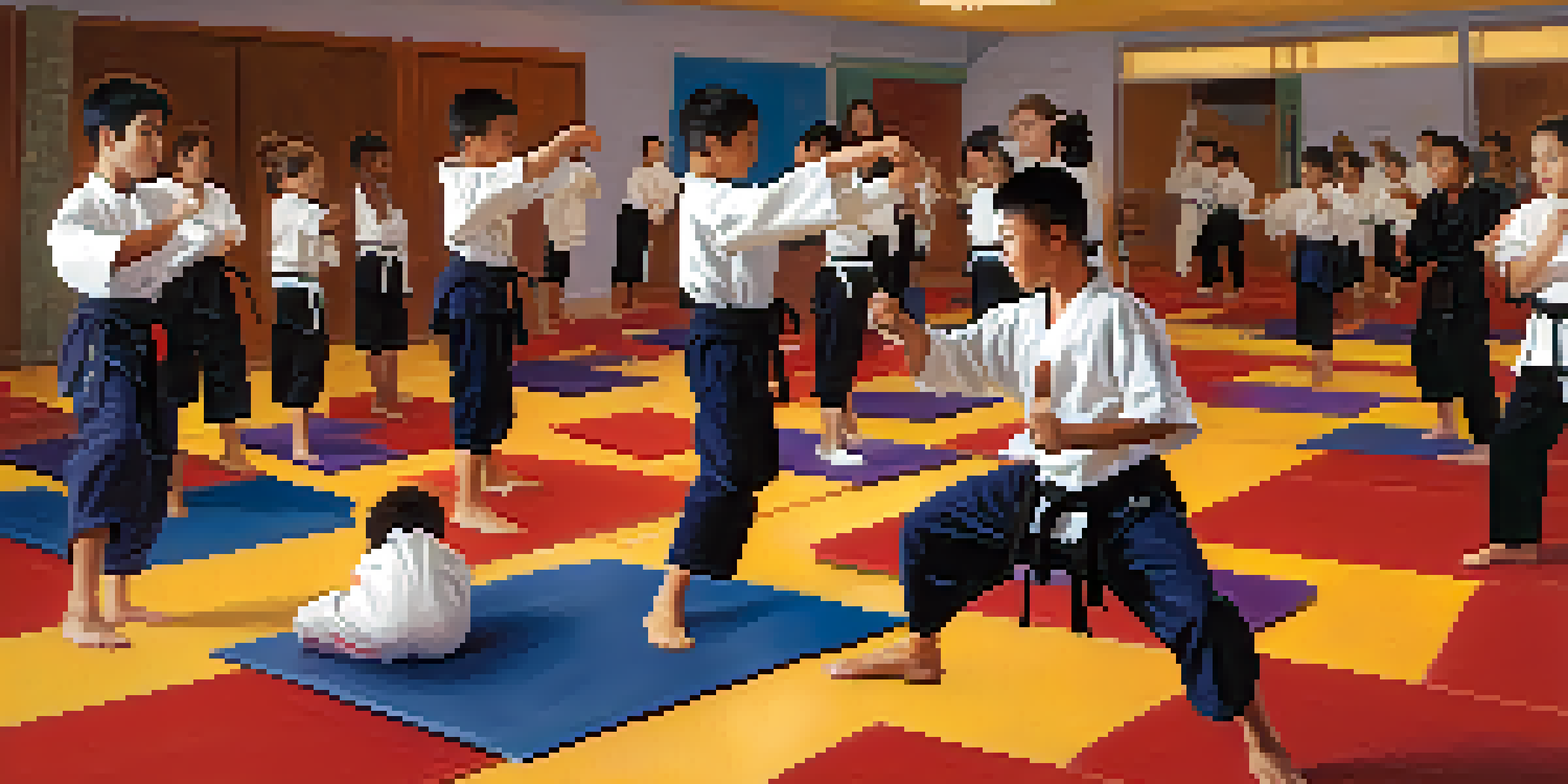 A group of young individuals of different ethnicities practicing martial arts together in a bright and colorful dojo, showcasing teamwork and dedication.