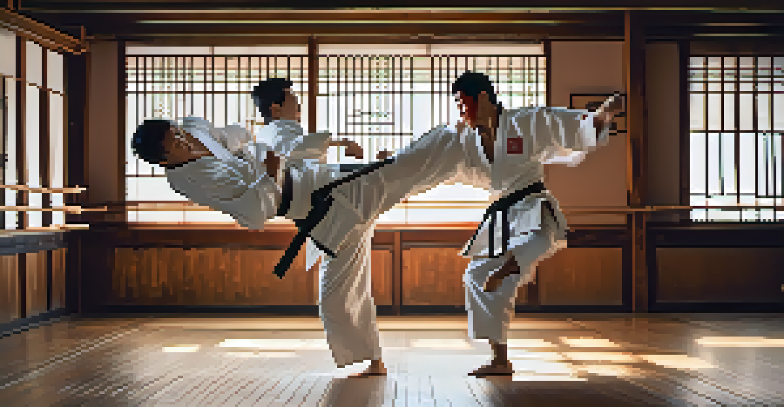 Two martial artists sparring in a dojo, one delivering a high kick while the other defends.