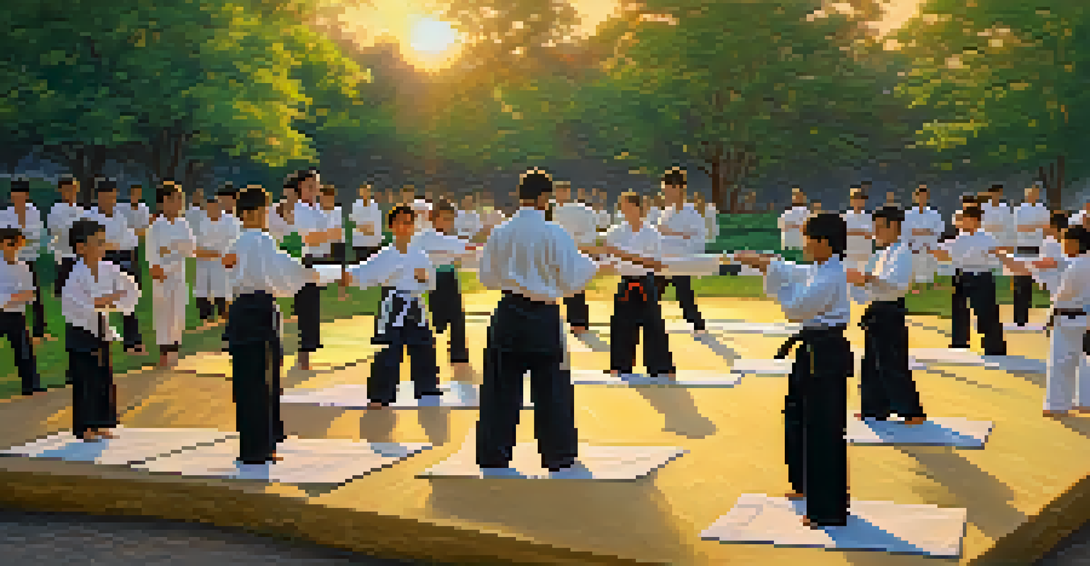 A diverse group of martial arts practitioners training in a park at sunset, fostering a sense of community.