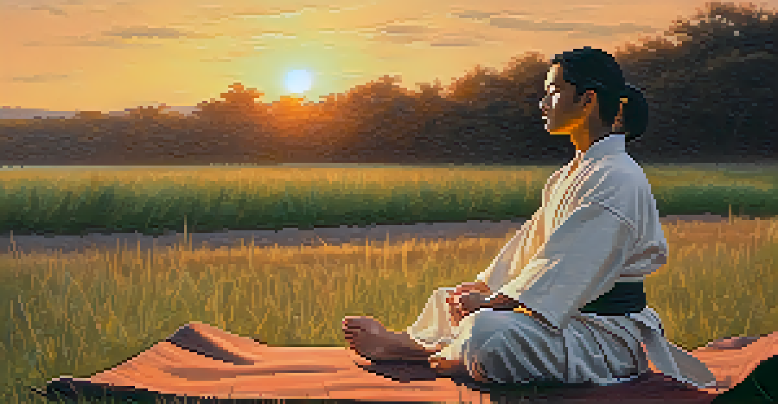 A martial artist sitting cross-legged on a grassy field at sunset, practicing deep breathing with a peaceful expression.