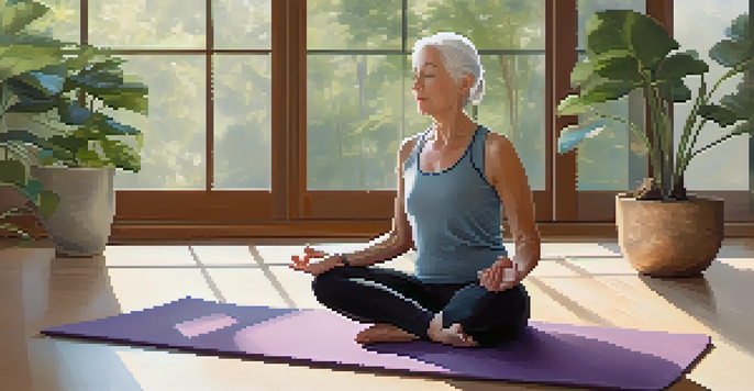 An older adult performing neck rolls on a yoga mat in a bright and peaceful room, surrounded by plants.