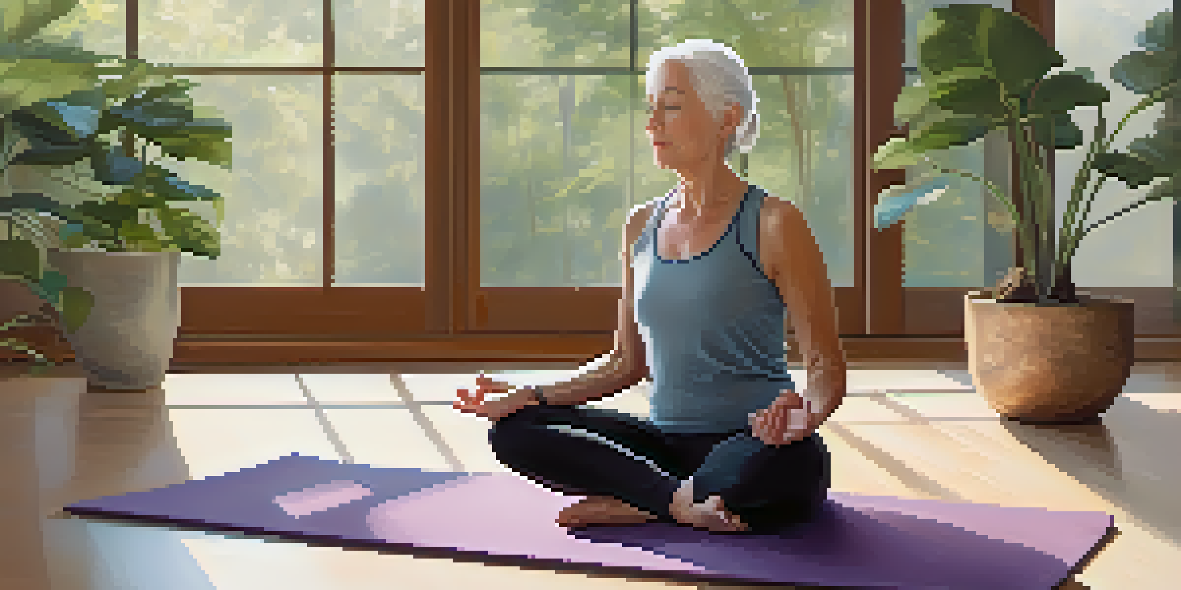 An older adult performing neck rolls on a yoga mat in a bright and peaceful room, surrounded by plants.