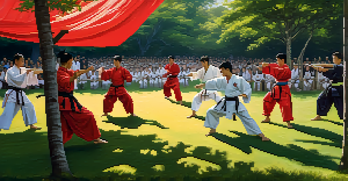 Martial artists in traditional attire demonstrate techniques in a sunny outdoor setting, with spectators watching and colorful banners in the background.