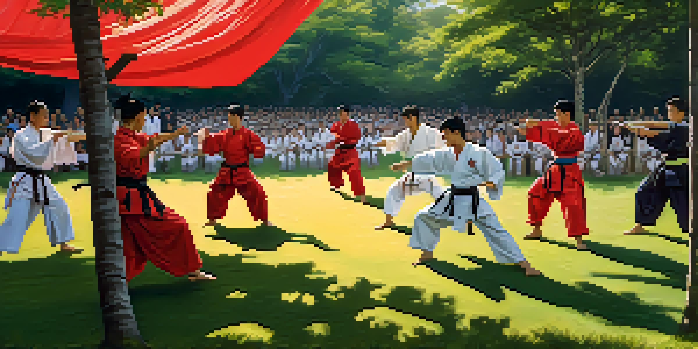 Martial artists in traditional attire demonstrate techniques in a sunny outdoor setting, with spectators watching and colorful banners in the background.