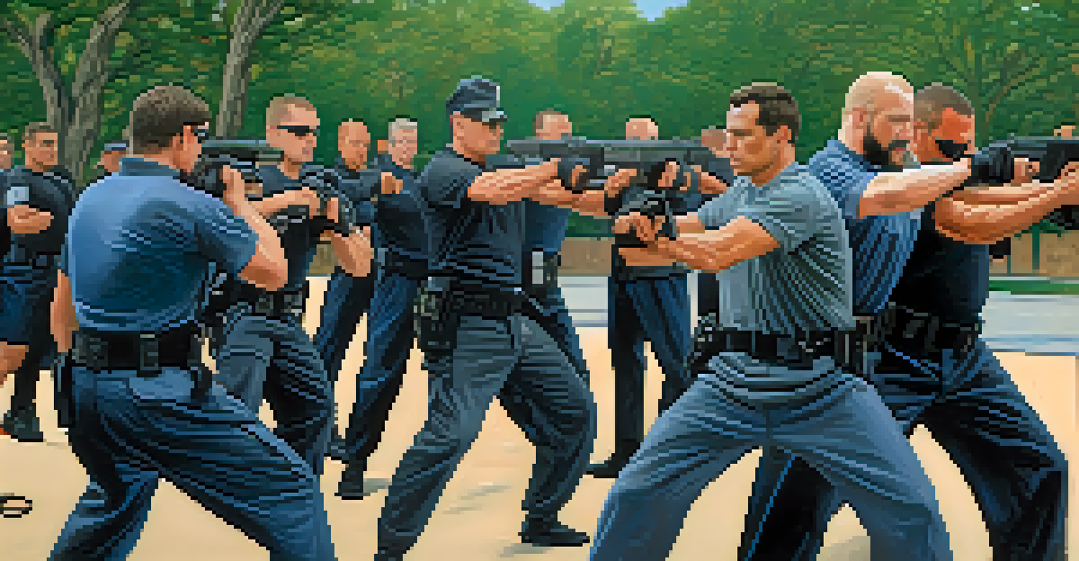 A group of police officers training in Krav Maga outside, practicing self-defense techniques.