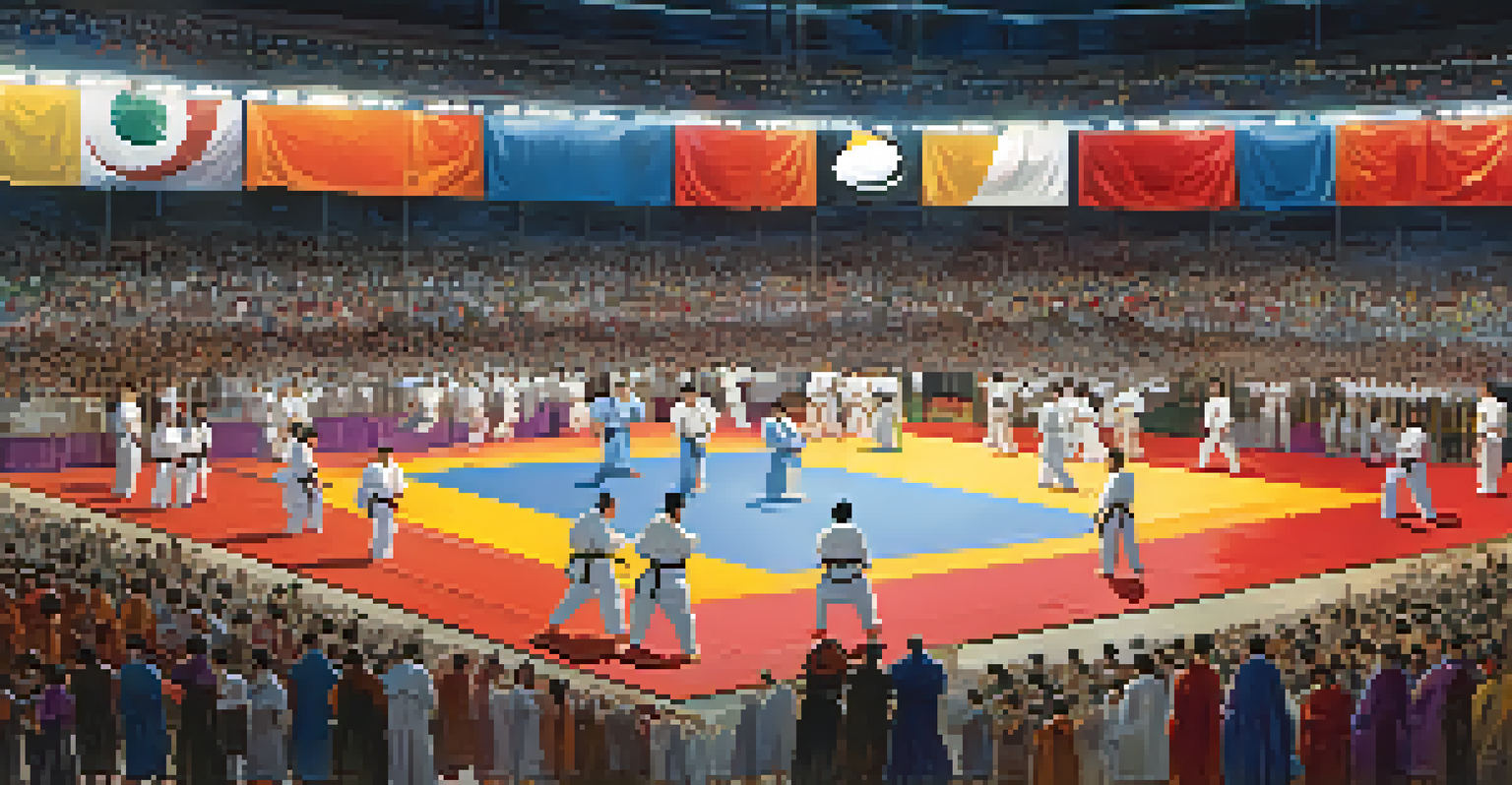 A lively martial arts tournament with practitioners in colorful gis competing on a mat, surrounded by cheering spectators and decorative banners.