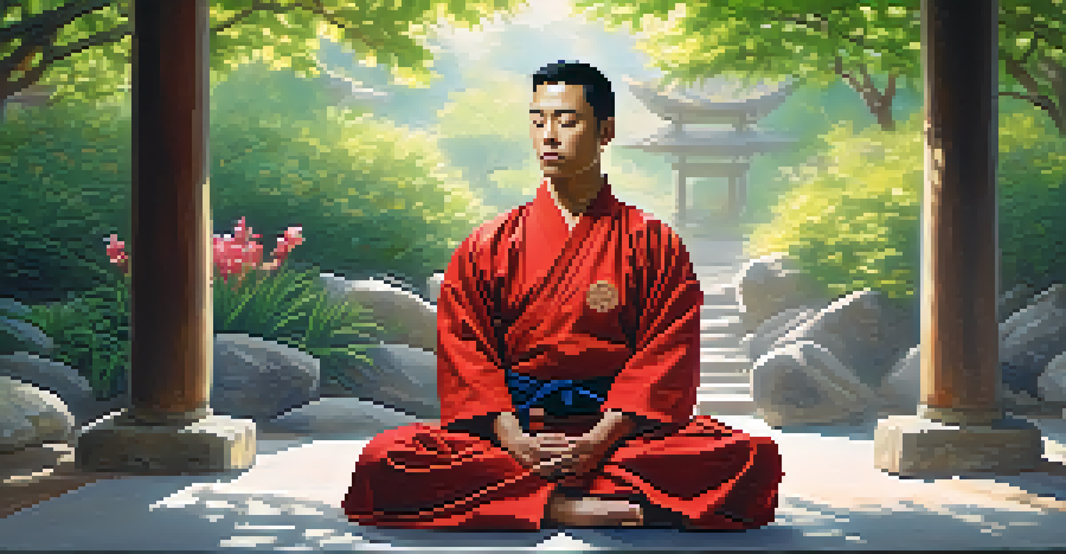 A martial arts practitioner meditating outdoors, surrounded by nature and soft sunlight.