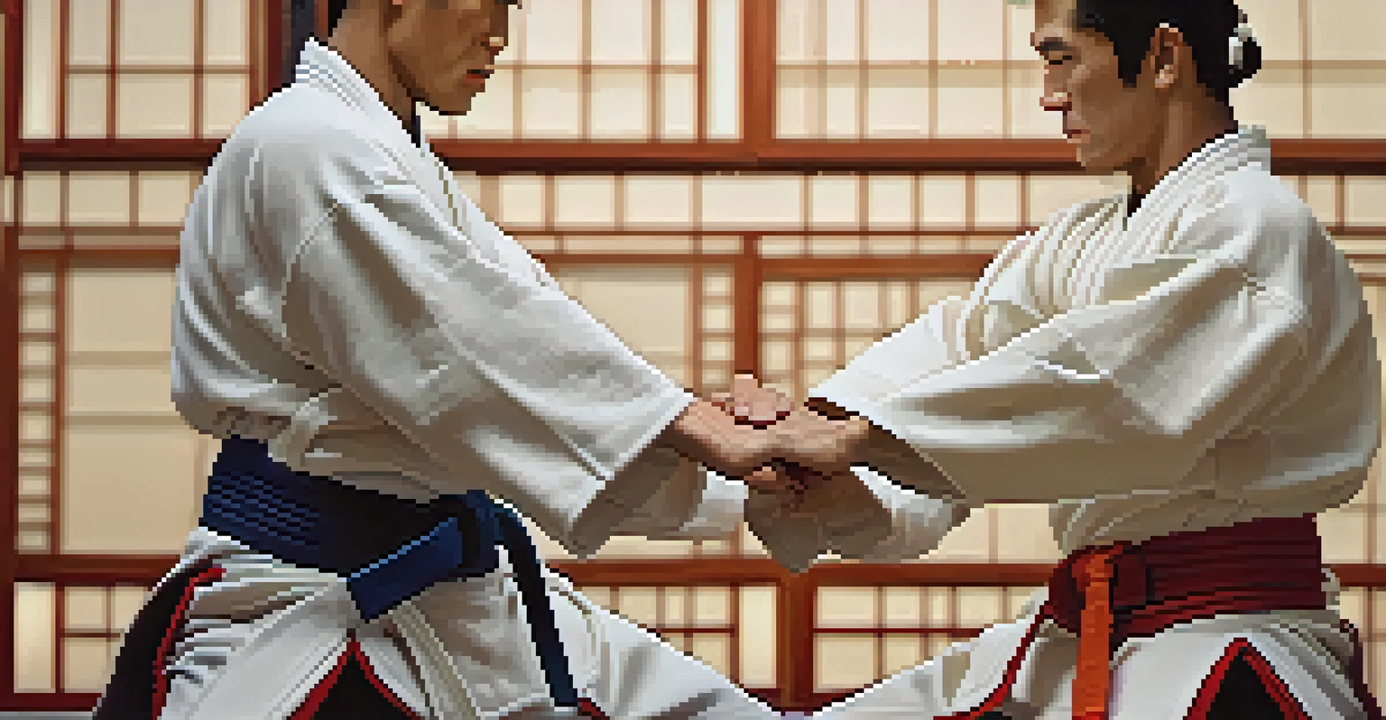 Two martial artists bowing to each other, emphasizing respect in a dojo environment.