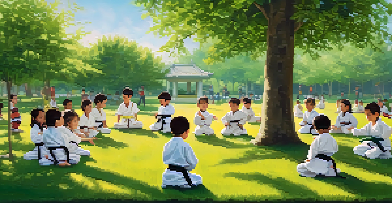Children practicing martial arts in a park, showcasing a diverse group and an energetic atmosphere.