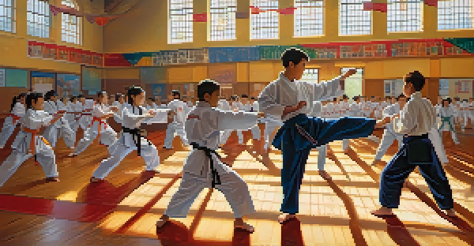 A colorful gymnasium with students of different backgrounds practicing martial arts, showing dynamic movements and bright sunlight.
