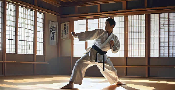 A martial artist executing a high kick in a dojo, with sunlight illuminating the space and showcasing martial arts equipment.
