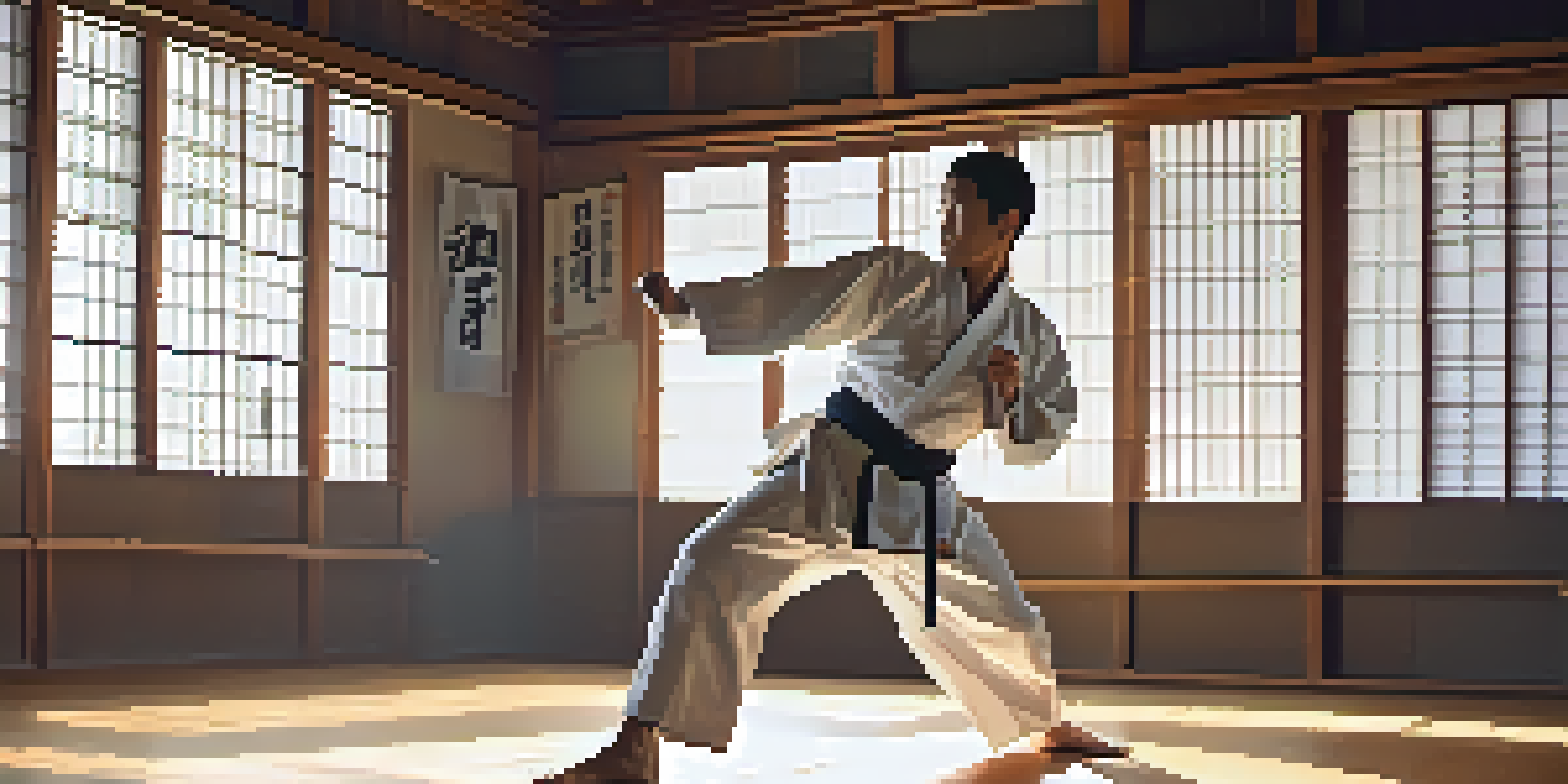 A martial artist executing a high kick in a dojo, with sunlight illuminating the space and showcasing martial arts equipment.