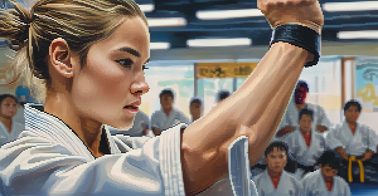 A transgender athlete tying their martial arts belt, showcasing determination with a blurred dojo background.