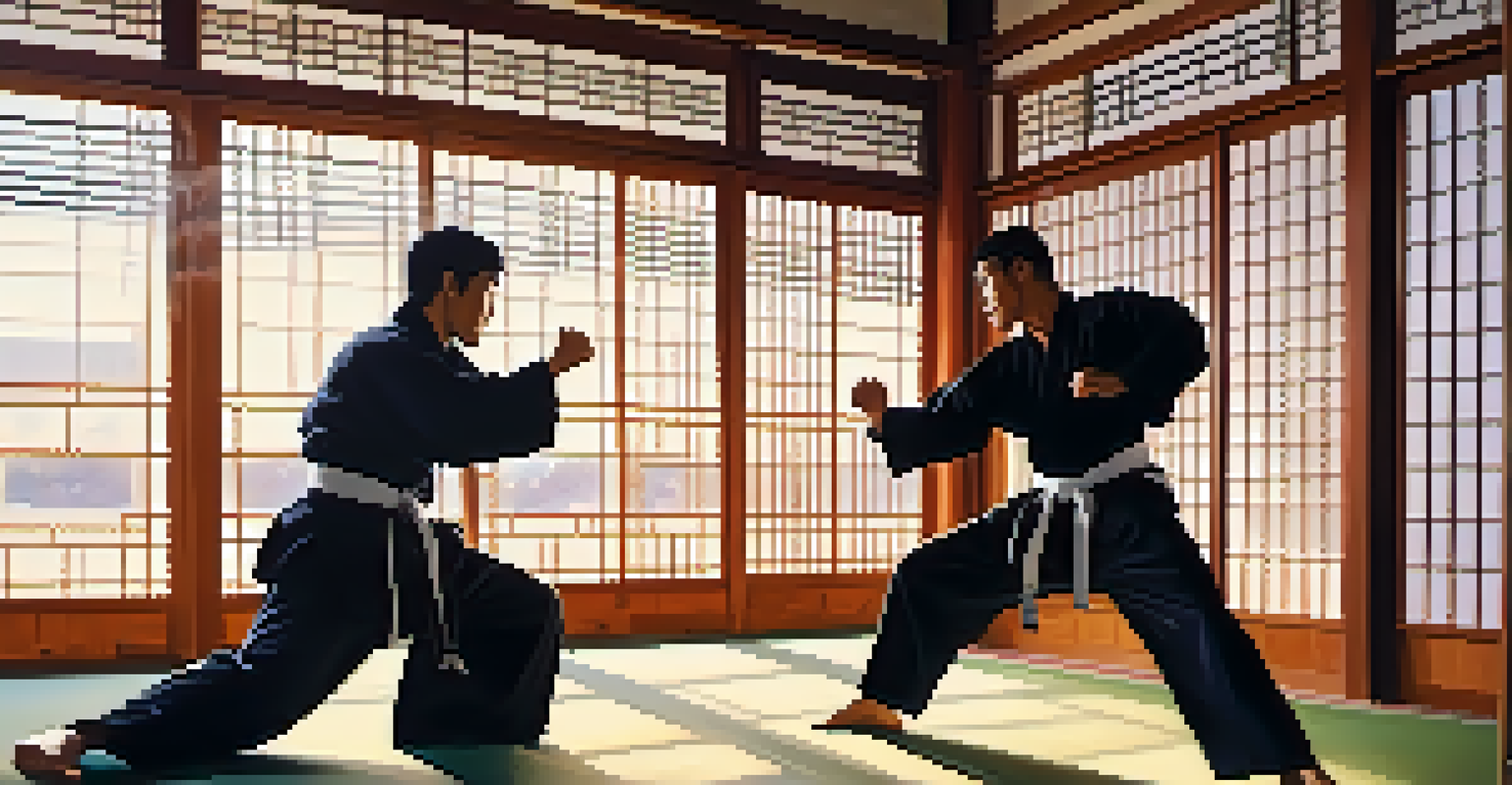Two martial artists sparring in a dojo, with peers watching and sunlight streaming through the windows.