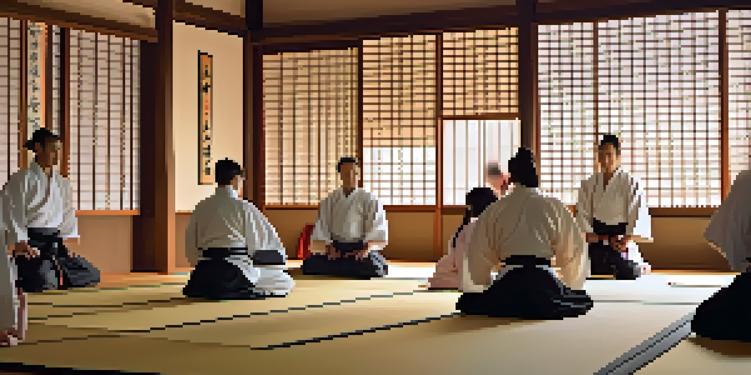 A diverse group of martial arts students bowing in a traditional dojo, surrounded by Japanese decor and soft lighting.