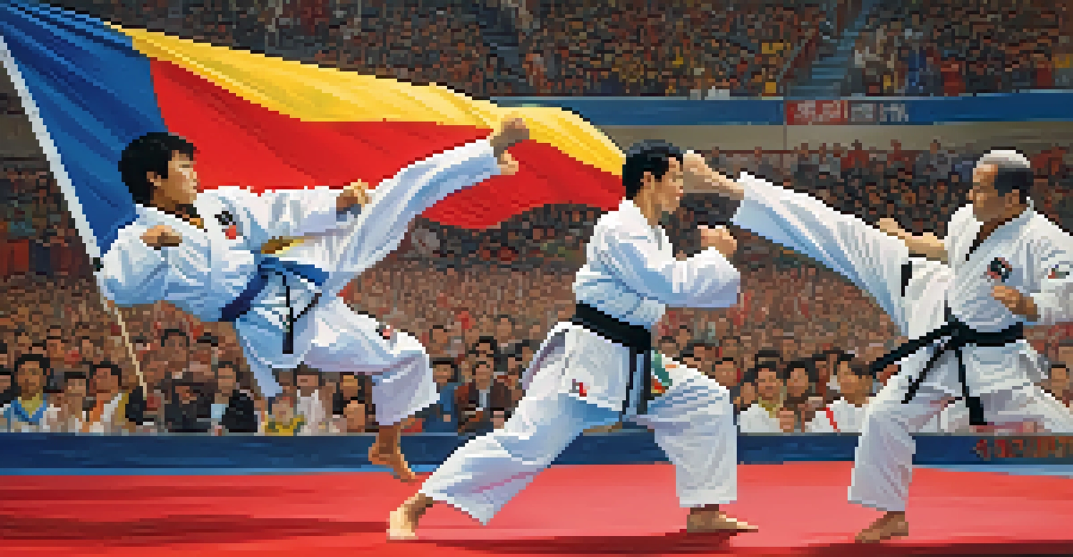 Athletes from diverse backgrounds competing in an energetic martial arts tournament with flags in the background.