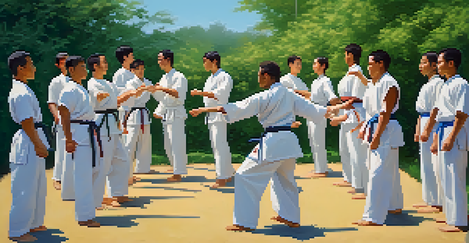 A coach guiding a diverse group through martial arts drills outdoors, showcasing teamwork and focus.