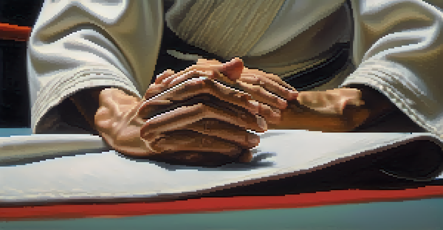 Close-up of a martial artist's hands in a deep breathing exercise on a training mat.